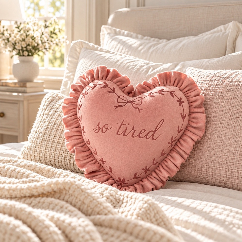 Room Essentials Pink Heart So Tired Ruffled Embroidered Throw Pillow 14in